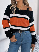 Color Block Asymmetrical Neck Long Sleeve Sweater - Trendsi - Flyclothing LLC