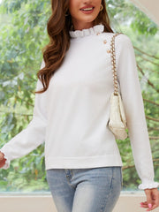 Decorative Button Turtleneck Long Sleeve T-Shirt - Trendsi