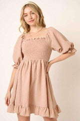 Mittoshop Smocked Ruffled Hem Half Sleeve Mini Dress - Trendsi - Flyclothing LLC