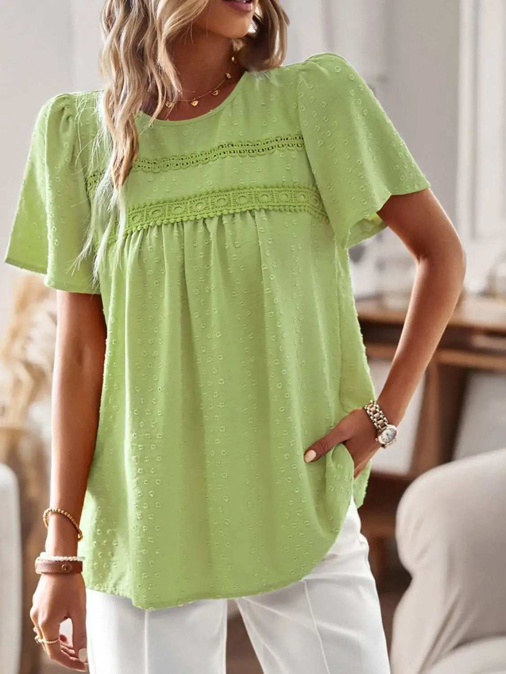 Lace Detail Round Neck Short Sleeve Blouse - Trendsi - Flyclothing LLC