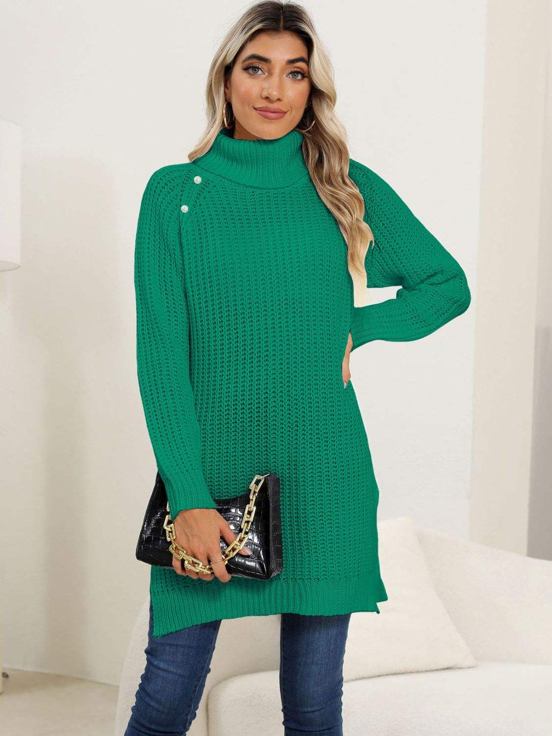 Slit Turtleneck Long Sleeve Sweater - Trendsi - Flyclothing LLC
