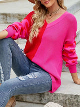 Color Block Leopard V-Neck Sweater - Trendsi - Flyclothing LLC