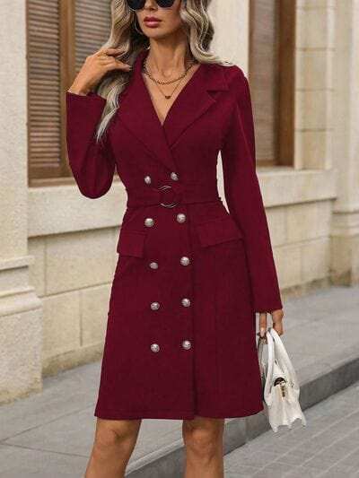 Double-Breasted Lapel Collar Long Sleeve Dress - Trendsi - Flyclothing LLC