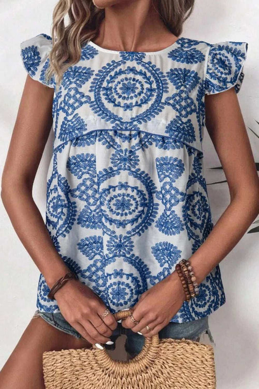 Boho Print Ruffled Cap Sleeve Crew Neck Blouse - Trendsi - Flyclothing LLC