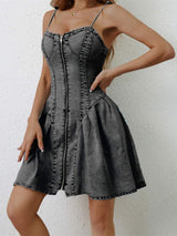 Ruched Zip Up Spaghetti Strap Denim Dress - Trendsi - Flyclothing LLC