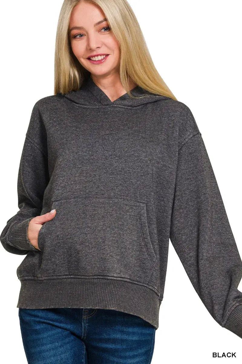 Zenana Fleece Acid Wash Kangaroo Pocket Hoodie - Trendsi - Flyclothing LLC