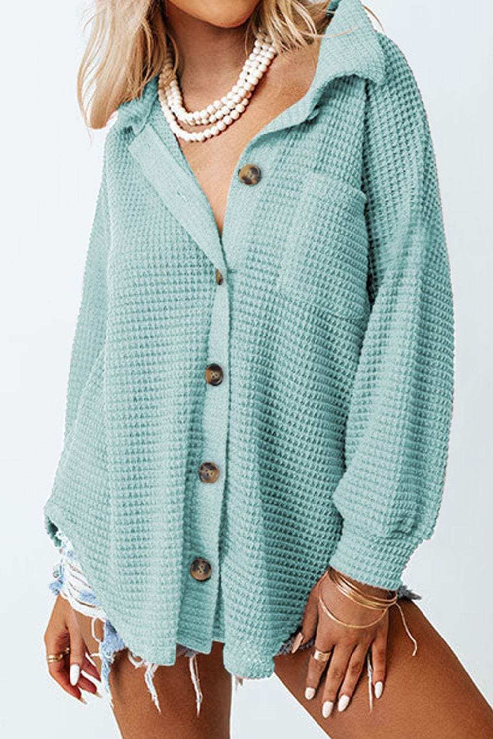 Waffle-Knit Collared Neck Long Sleeve Shirt - Trendsi - Flyclothing LLC