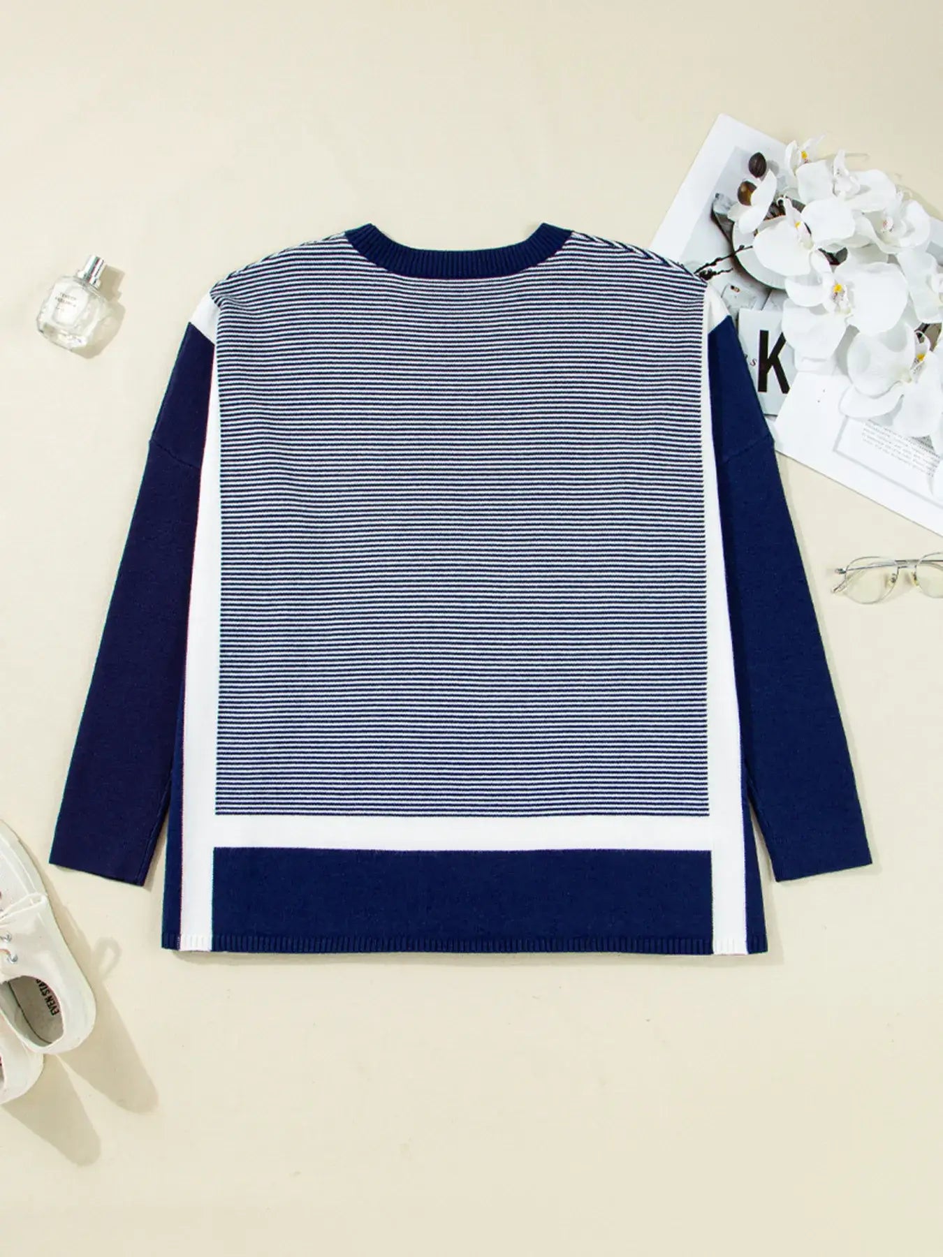 Stripe Dolman Oversize Tunic Sweater - Trendsi - Flyclothing LLC