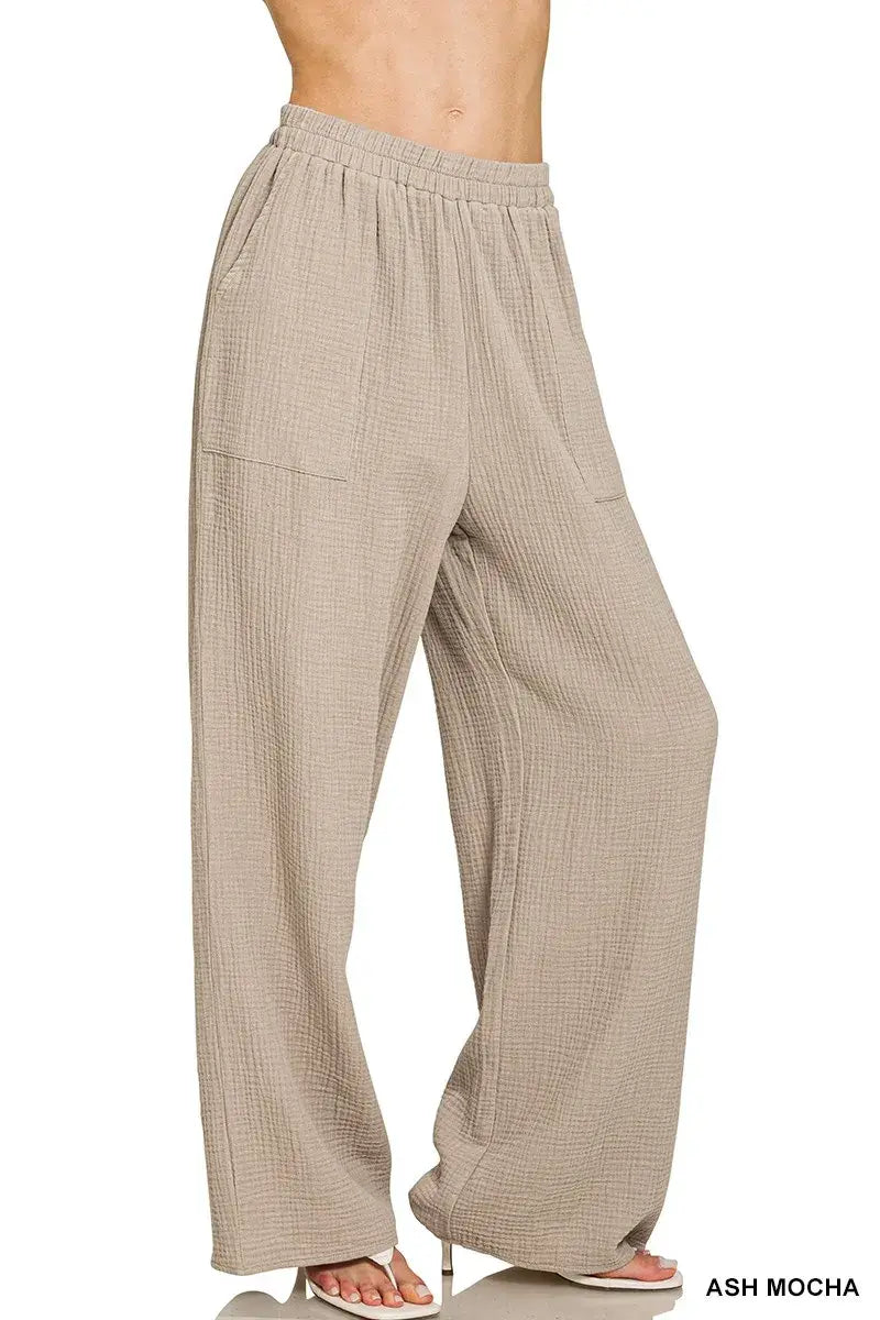 Zenana Double Gauze Elastic Band Pants - Trendsi - Flyclothing LLC