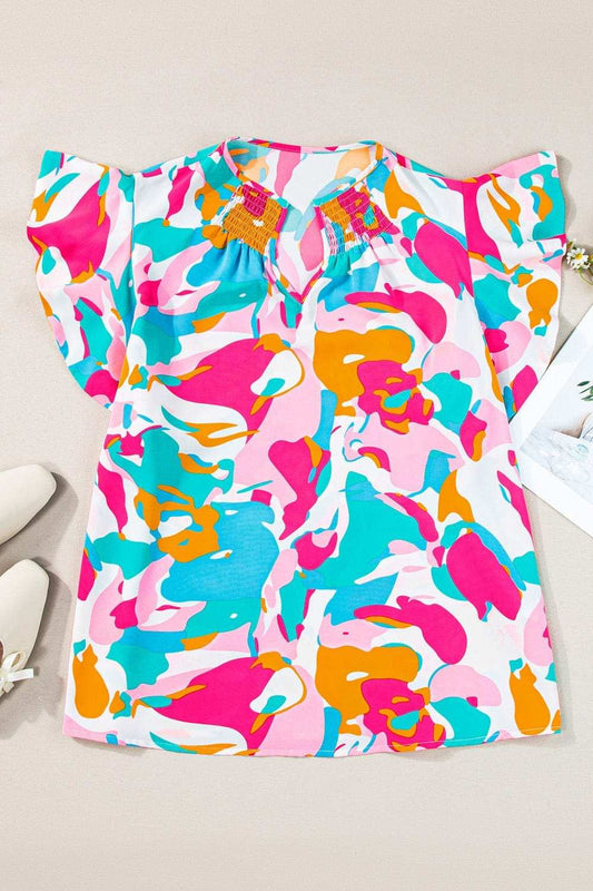 Plus Size Ruffled Printed Notched Cap Sleeve Blouse - Trendsi - Flyclothing LLC