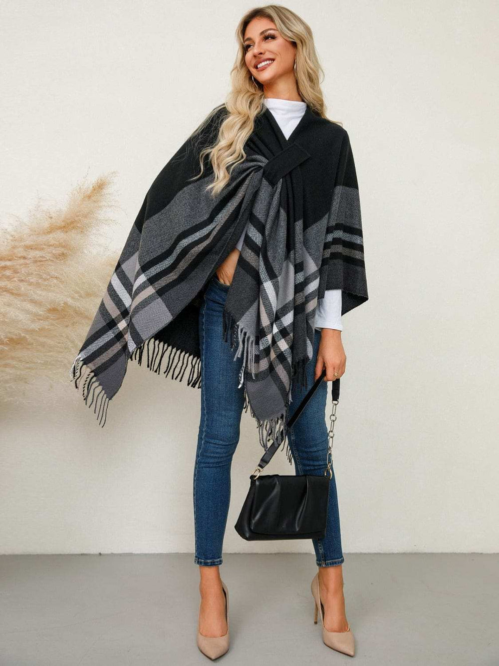 Fringe Contrast Plaid Poncho - Trendsi - Flyclothing LLC