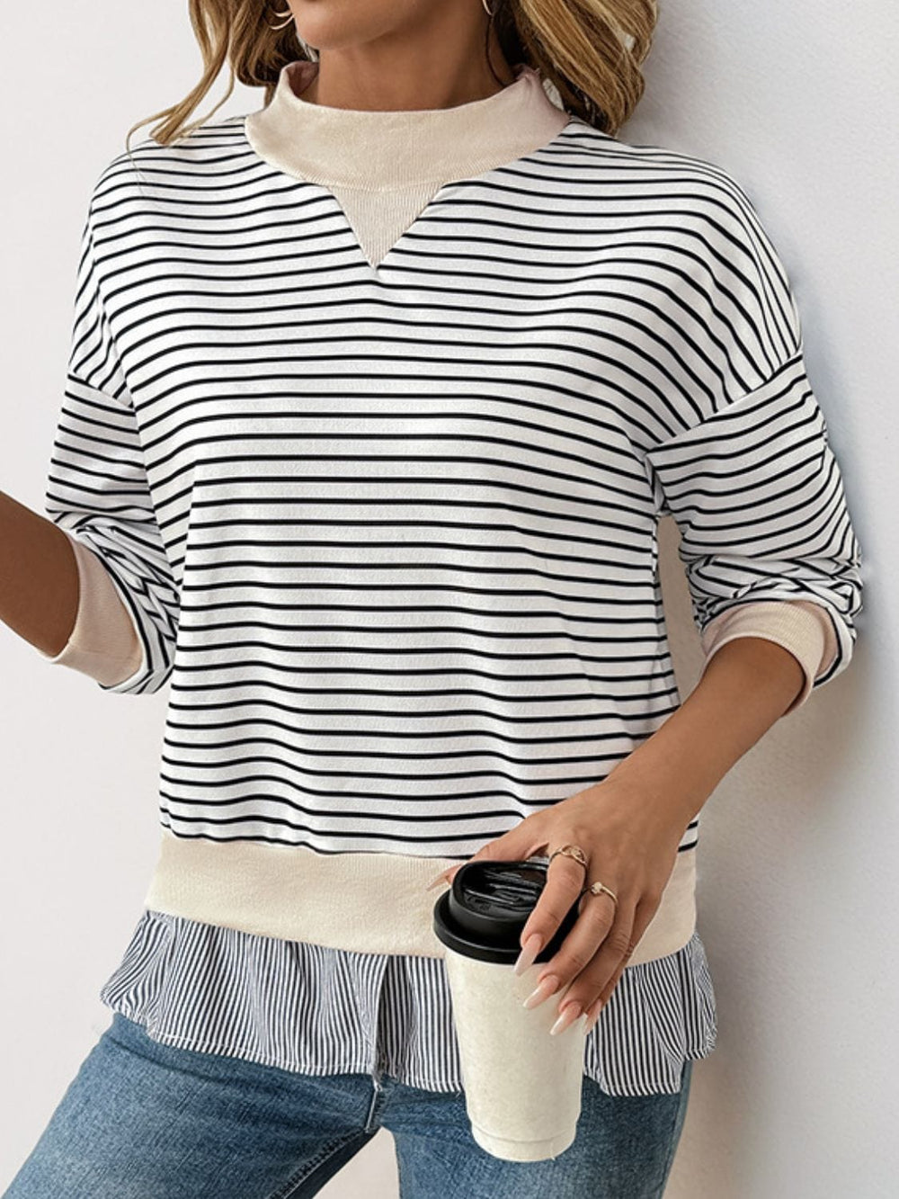 Perfee Faux Layered Striped Long Sleeve Sweatshirt - Trendsi