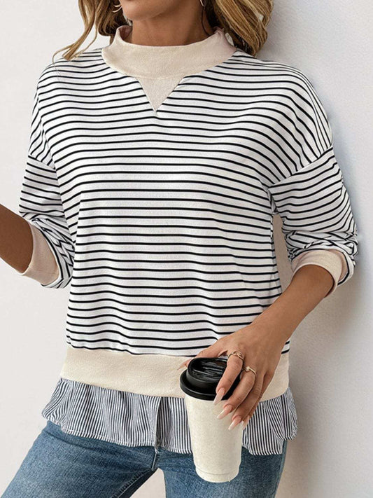 Perfee Faux Layered Striped Long Sleeve Sweatshirt - Trendsi - Flyclothing LLC