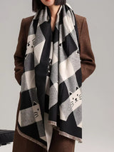 Cute Cat Pattern Plaid Raw Hem Scarf - Trendsi - Flyclothing LLC