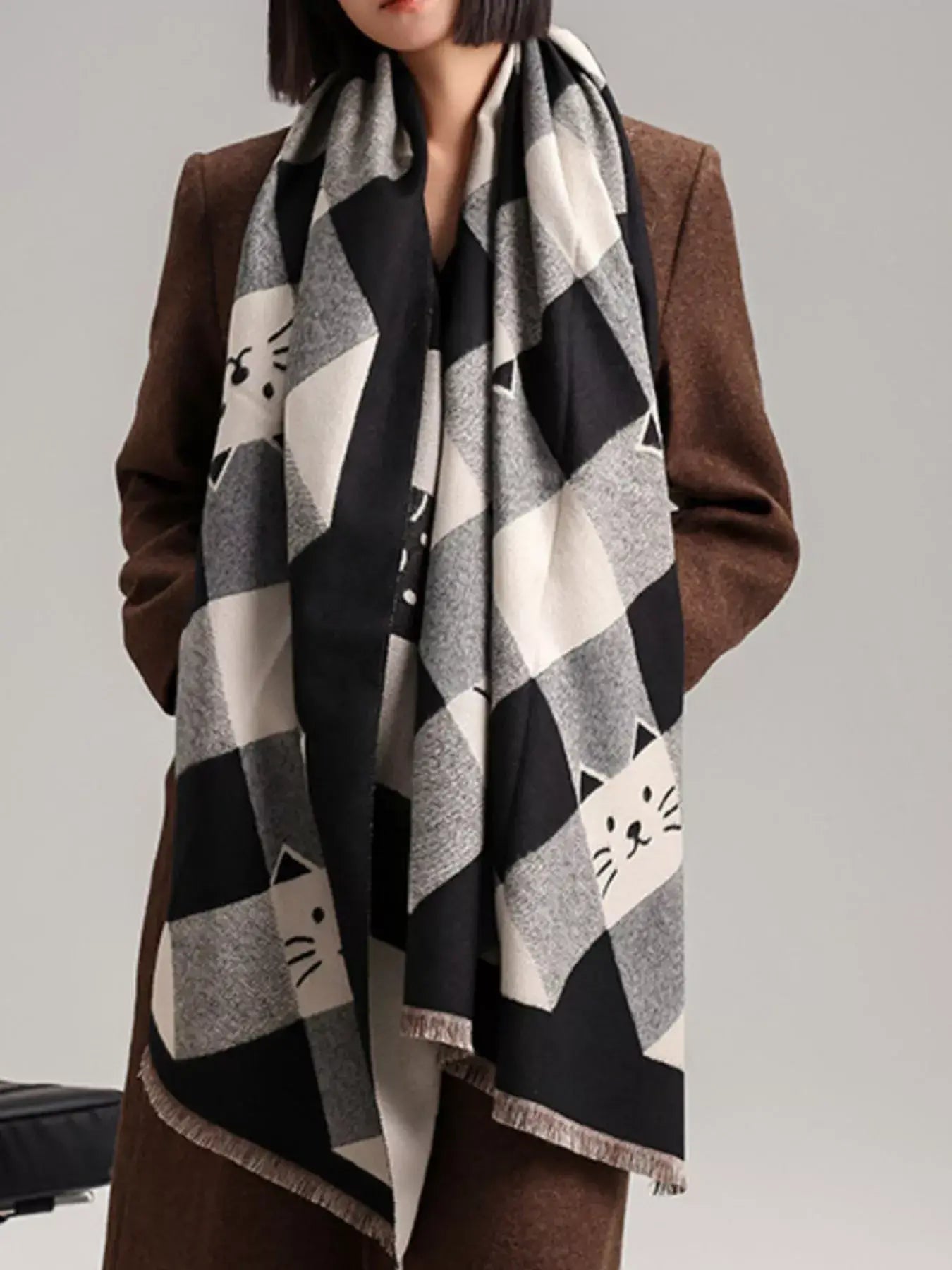 Cute Cat Pattern Plaid Raw Hem Scarf - Trendsi - Flyclothing LLC