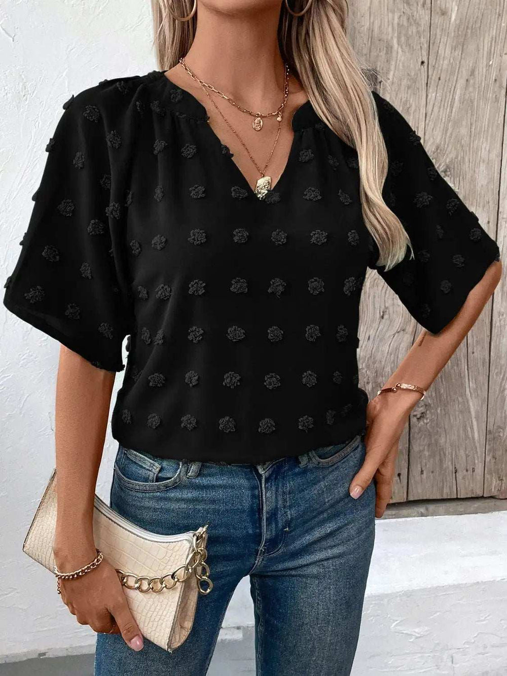 Swiss Dot Notched Half Sleeve Blouse - Trendsi - Flyclothing LLC