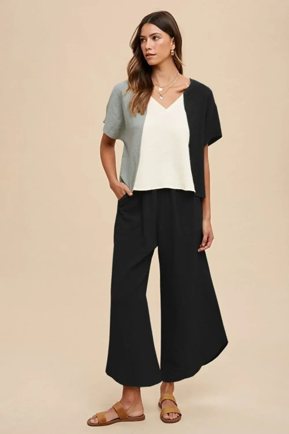 Annie Wear Color Block Cotton Gauze V-Neck Top - Trendsi - Flyclothing LLC