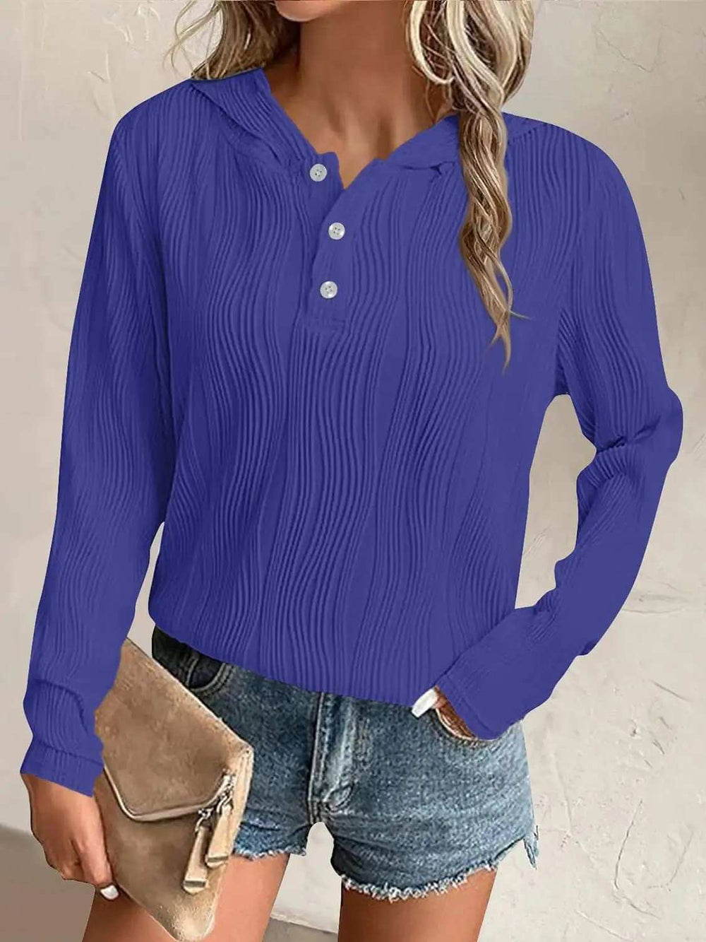 Textured Long Sleeve Hoodie - Trendsi - Flyclothing LLC