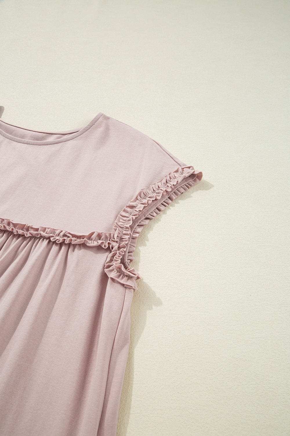 Frilled Trim Crew Neck Cap Sleeve Loose Fit Mini Dress - Trendsi - Flyclothing LLC