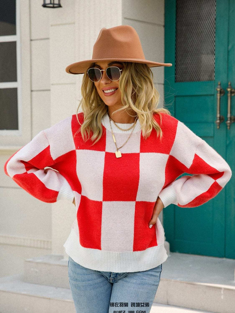 Angel Wings Checkered Round Neck Dropped Shoulder Sweater - Trendsi - Flyclothing LLC
