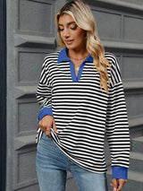 Striped Johnny Collar Long Sleeve Sweatshirt - Trendsi - Flyclothing LLC