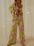 Printed Collared Neck Long Sleeve Top and Pants Lounge Set - Trendsi - Flyclothing LLC