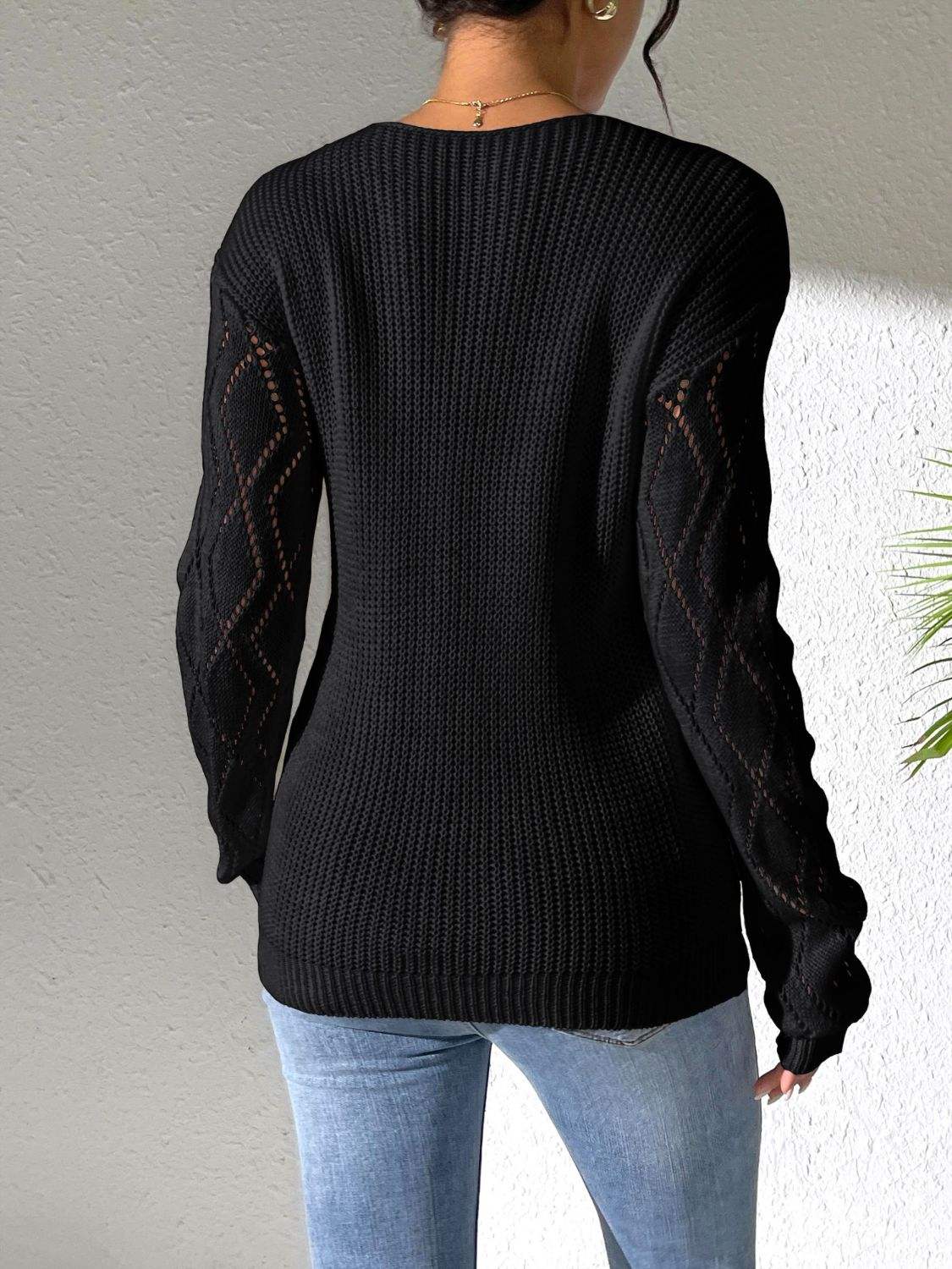 Openwork V-Neck Long Sleeve Sweater - Trendsi - Flyclothing LLC