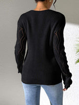 Openwork V-Neck Long Sleeve Sweater - Trendsi - Flyclothing LLC