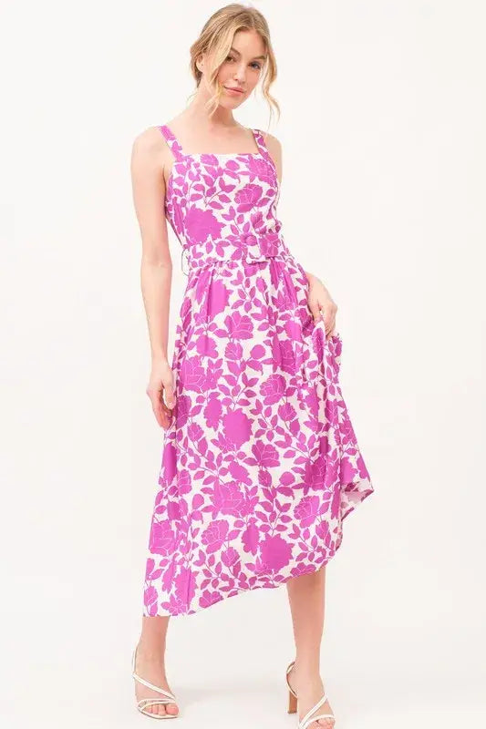 And The Why Square Neck Belted Floral Printed Midi Dress - Trendsi - Flyclothing LLC