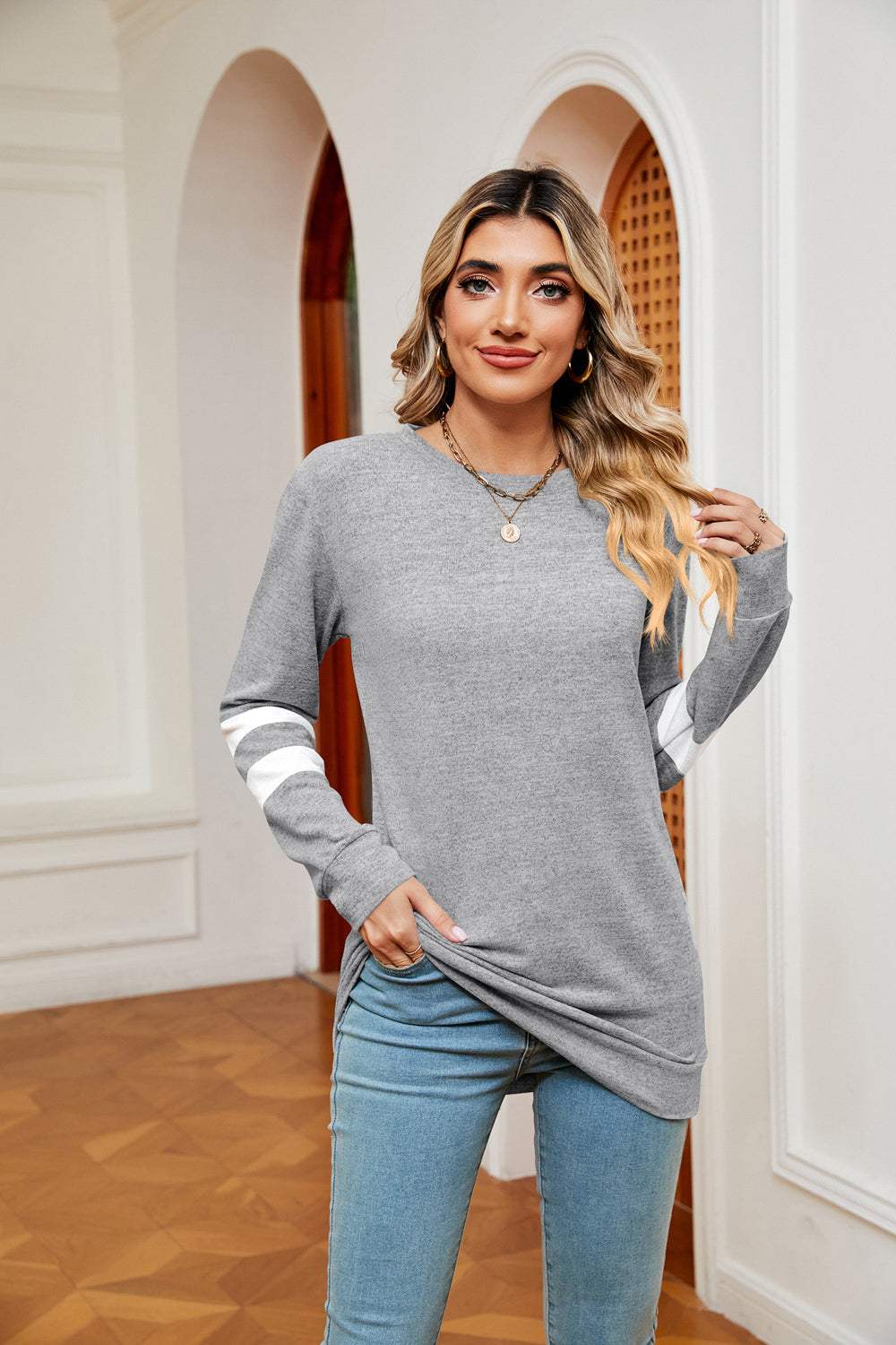 Round Neck Long Sleeve Top - Trendsi - Flyclothing LLC