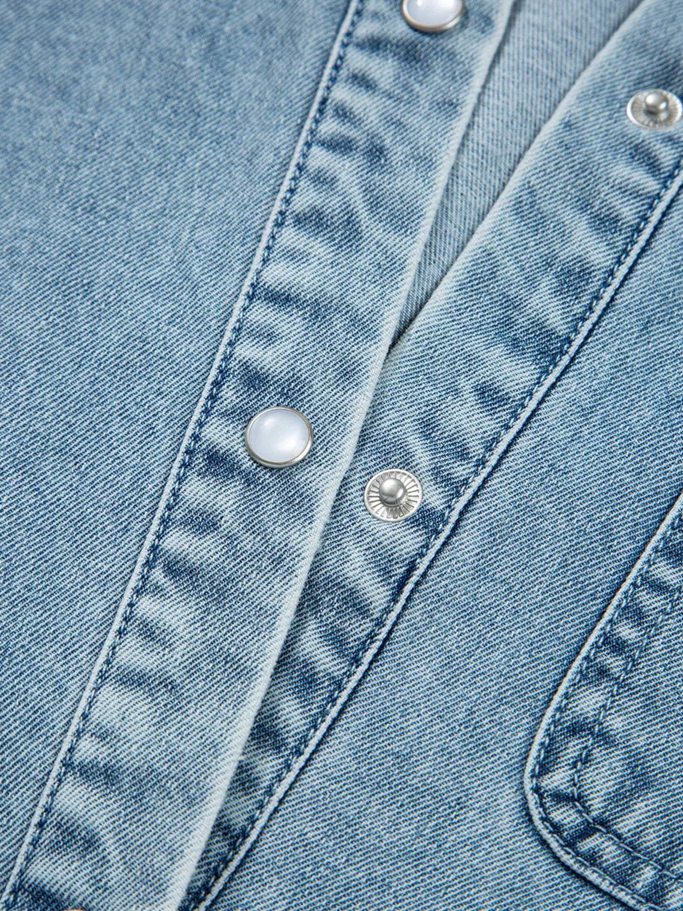 Smocked Cuffs Flared Denim Shirt Mini Dress - Trendsi - Flyclothing LLC