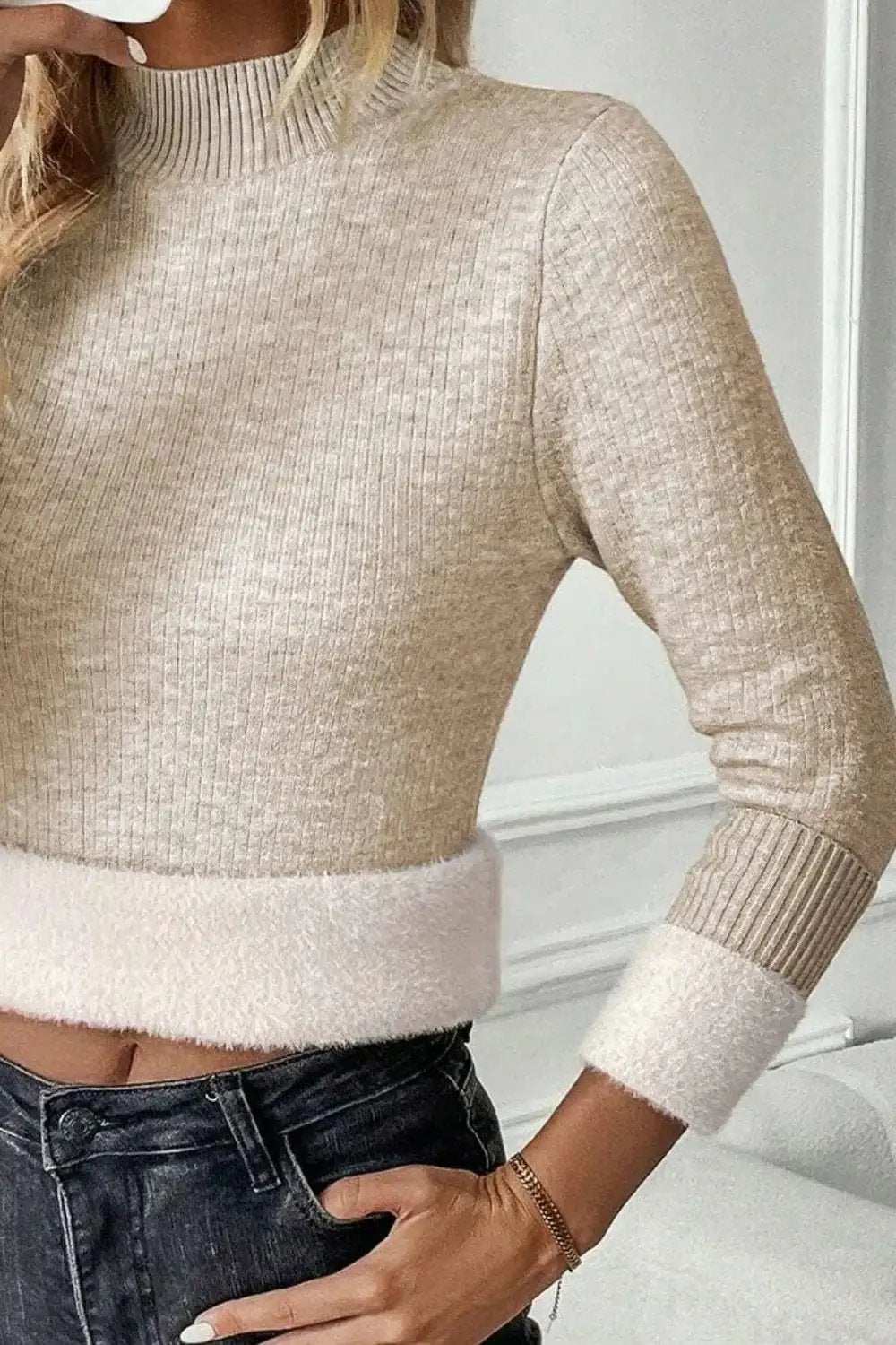 Mock Neck Long Sleeve Sweater - Trendsi - Flyclothing LLC