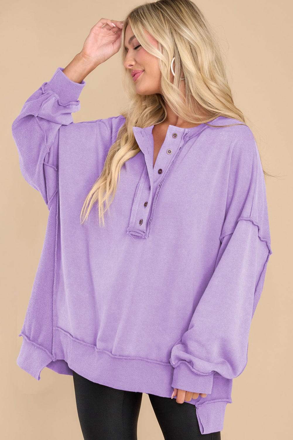 Exposed Seam Long Sleeve Sweatshirt - Trendsi - Flyclothing LLC
