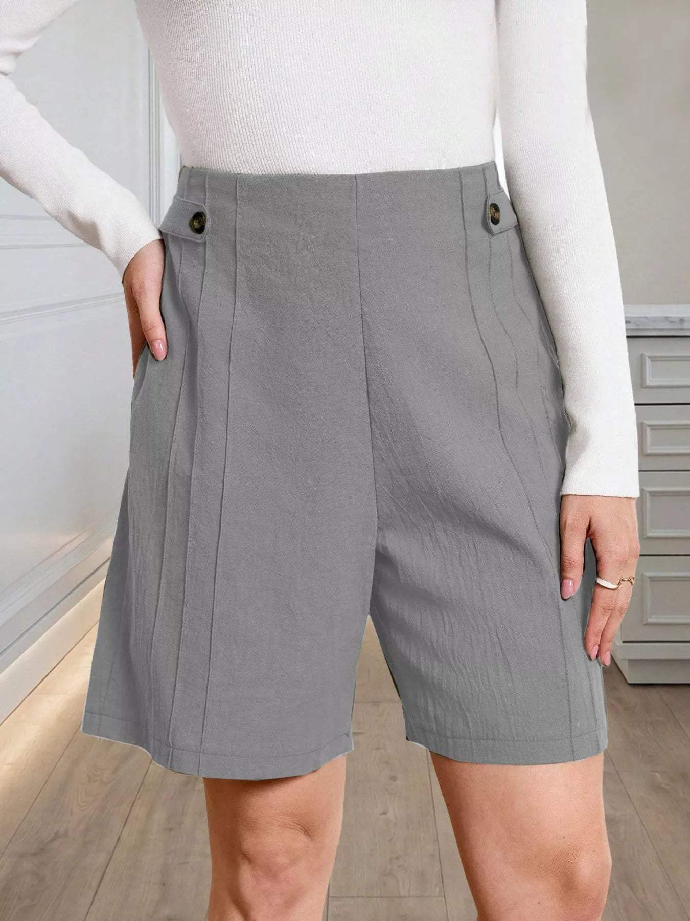 High-Waisted Pleated Shorts with Button Detail - Trendsi - Flyclothing LLC