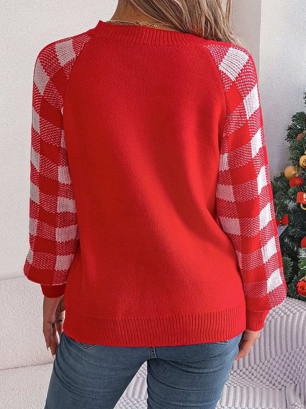 Reindeer Plaid Round Neck Long Sleeve Sweater - Trendsi - Flyclothing LLC