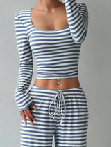 Striped Long Sleeve Crop Top and Wide Leg Pants Set - Trendsi - Flyclothing LLC
