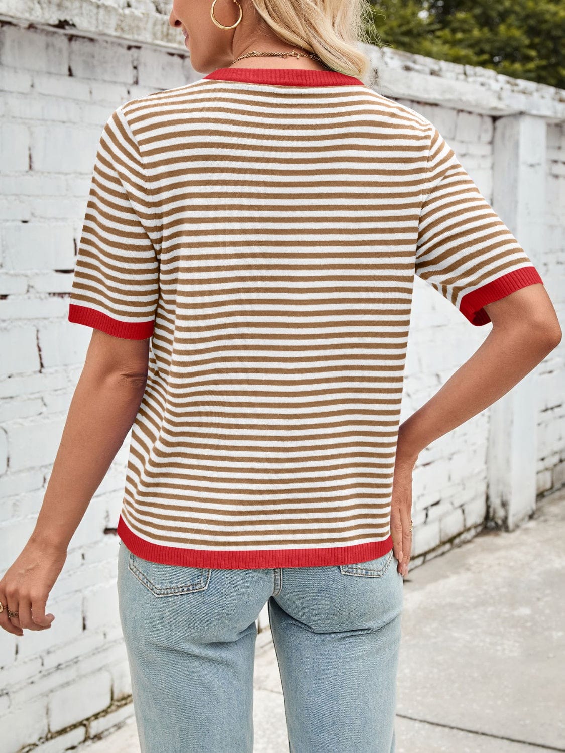 Lovelet Striped Contrast Round Neck Half Sleeve Knit Top - Trendsi