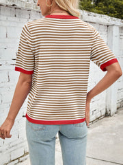 Lovelet Striped Contrast Round Neck Half Sleeve Knit Top - Trendsi