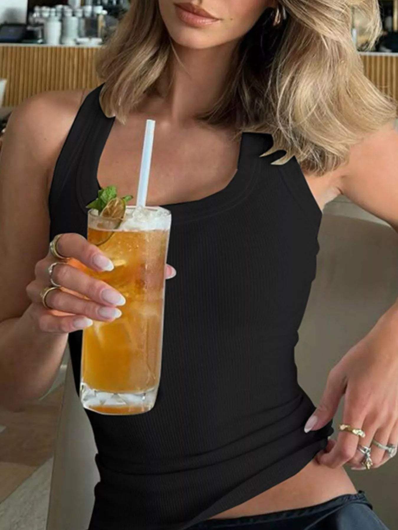 Ribbed Square Neck Tank Top - Trendsi - Flyclothing LLC