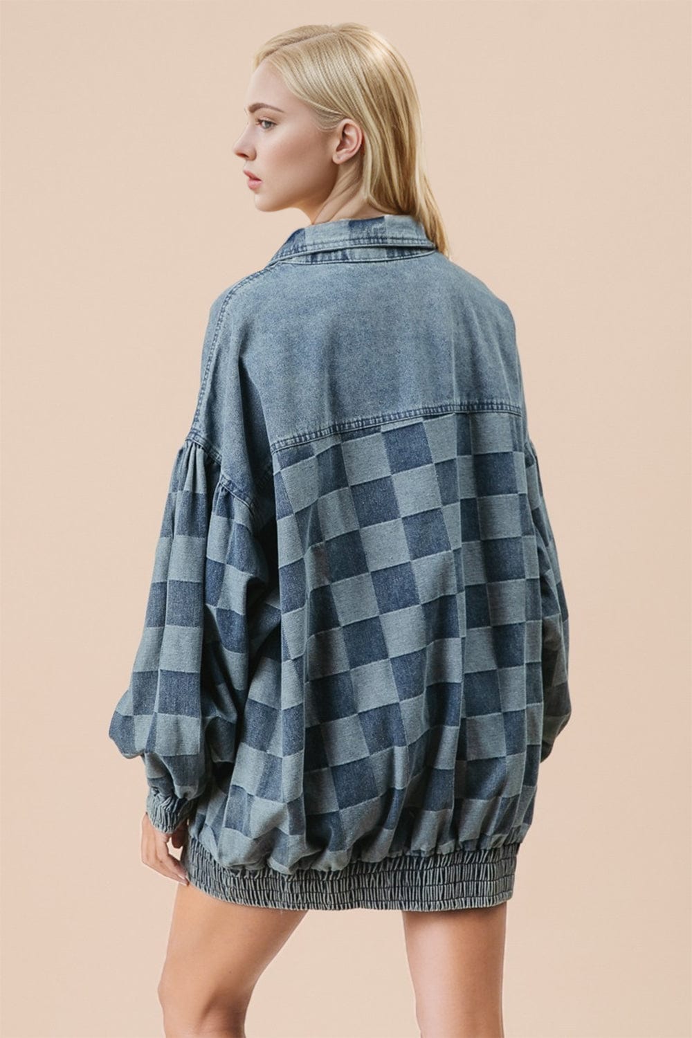 Double Take Checkered Button Up Denim Jacket - Trendsi