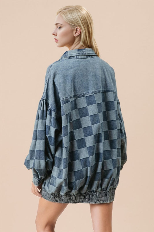 Double Take Checkered Button Up Denim Jacket - Trendsi