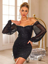 Pearl Trim Sweetheart Neck Long Sleeve Mini Dress - Trendsi - Flyclothing LLC
