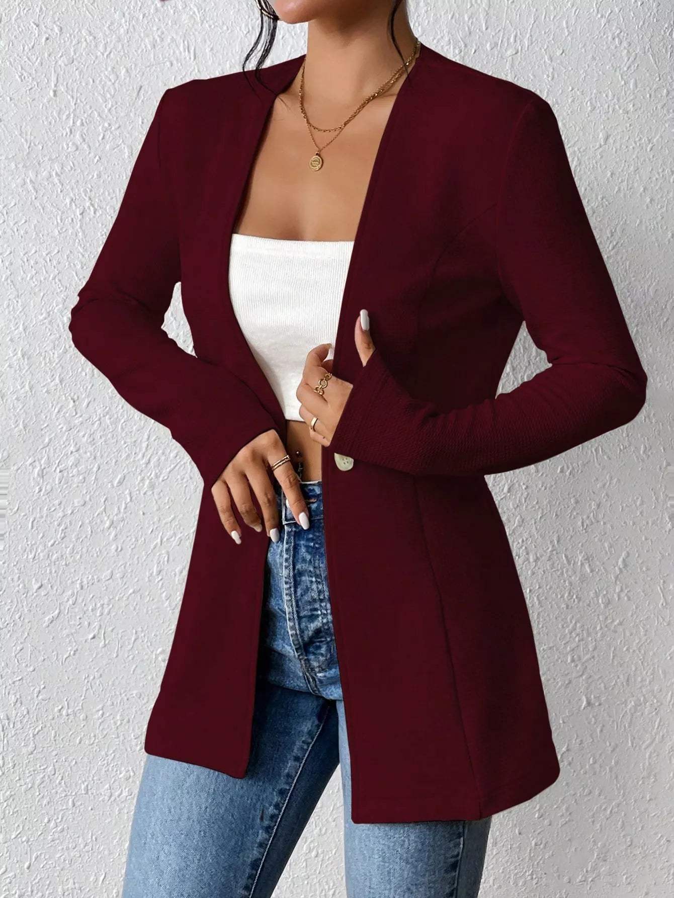 One Button Long Sleeve Blazer - Trendsi - Flyclothing LLC