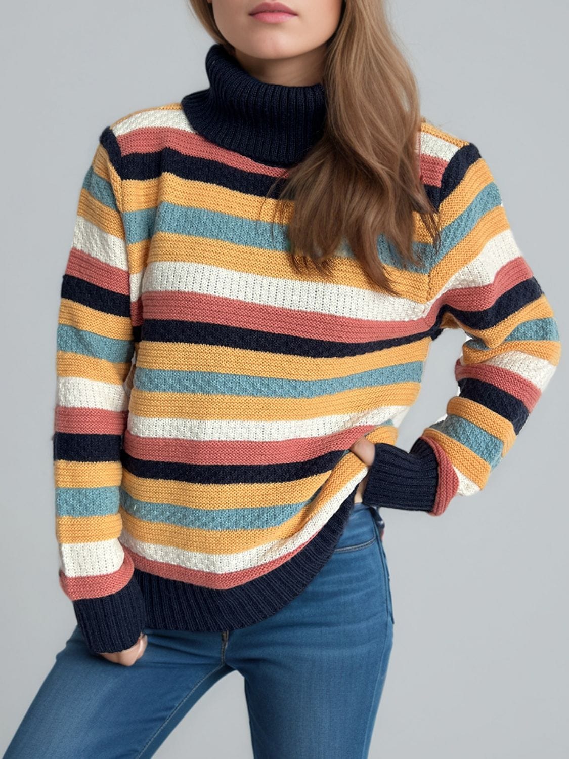 Contrast Stripes Turtleneck Long Sleeve Sweater - Trendsi
