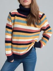 Contrast Stripes Turtleneck Long Sleeve Sweater - Trendsi