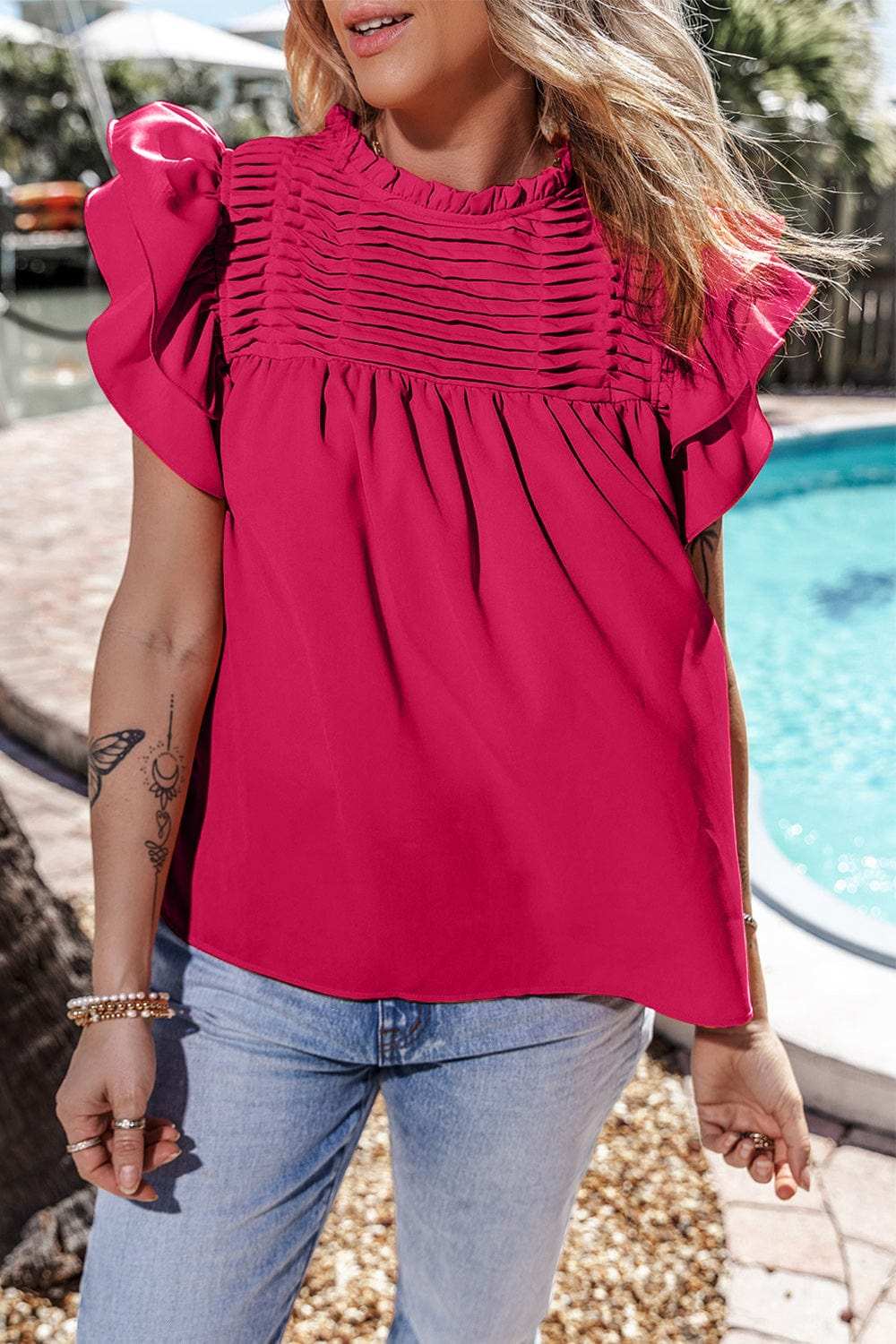 Ruffled Ruched Cap Sleeve Blouse - Trendsi - Flyclothing LLC