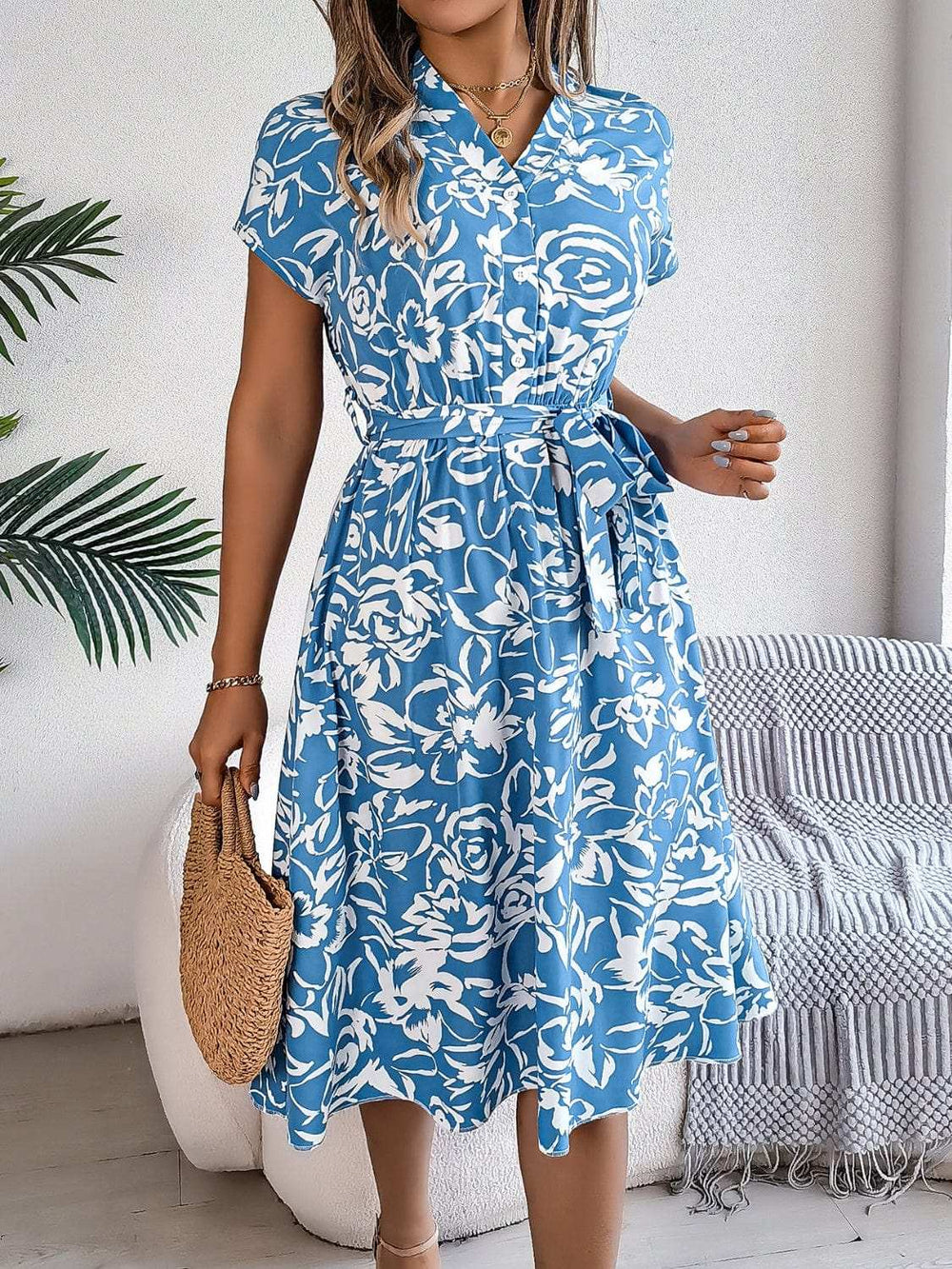 Printed V-Neck Short Sleeve Dress - Trendsi - Flyclothing LLC
