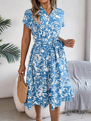 Printed V-Neck Short Sleeve Dress - Trendsi