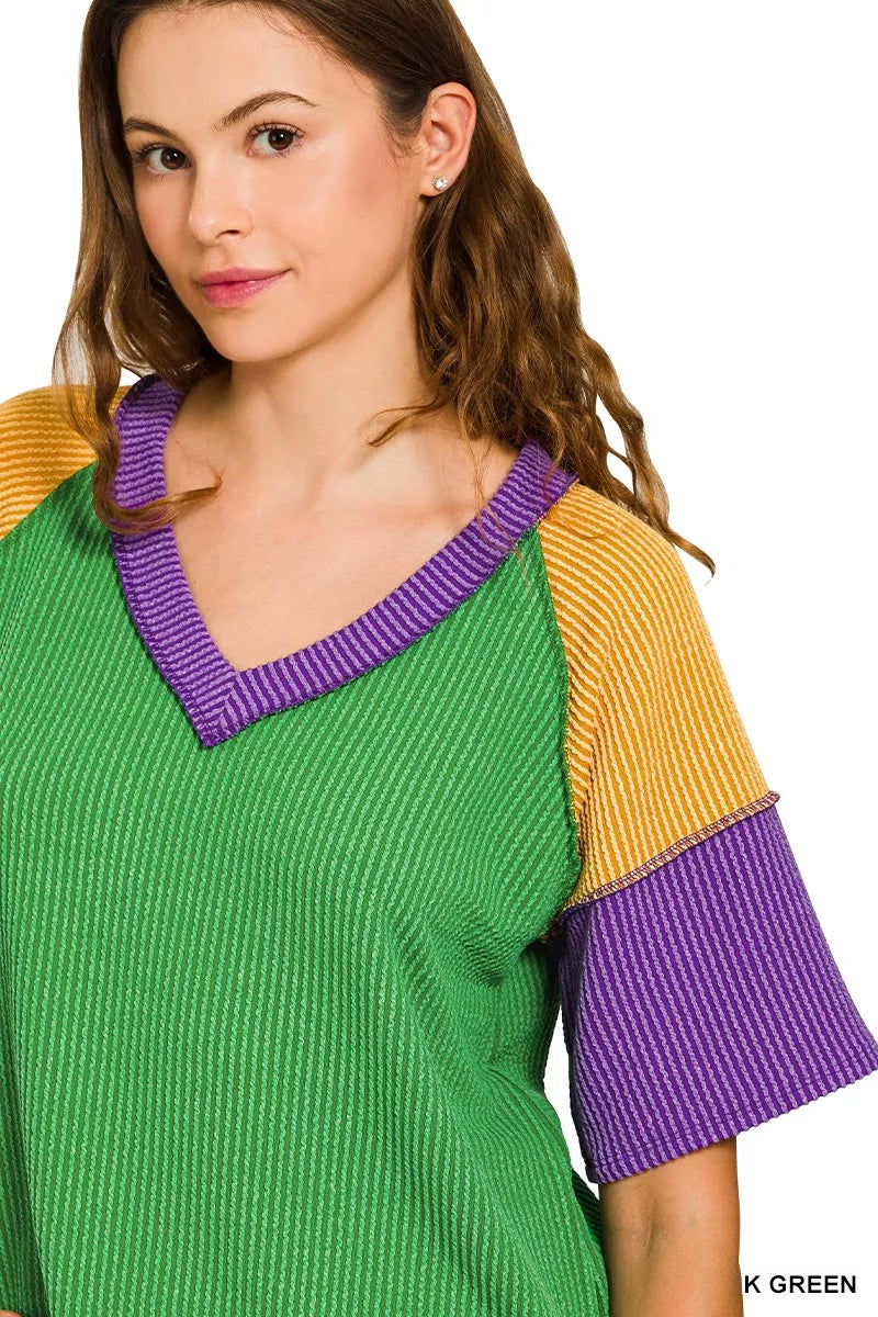 Zenana Mardi Gras Raised Rib Color Block Top - Trendsi - Flyclothing LLC