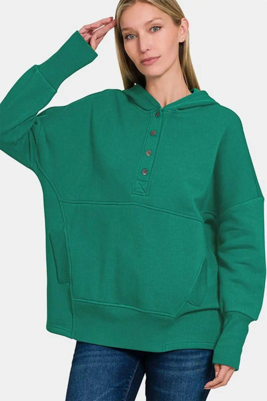 Zenana Half Snap Long Sleeve Hoodie with Kangaroo Pocket - Trendsi - Flyclothing LLC